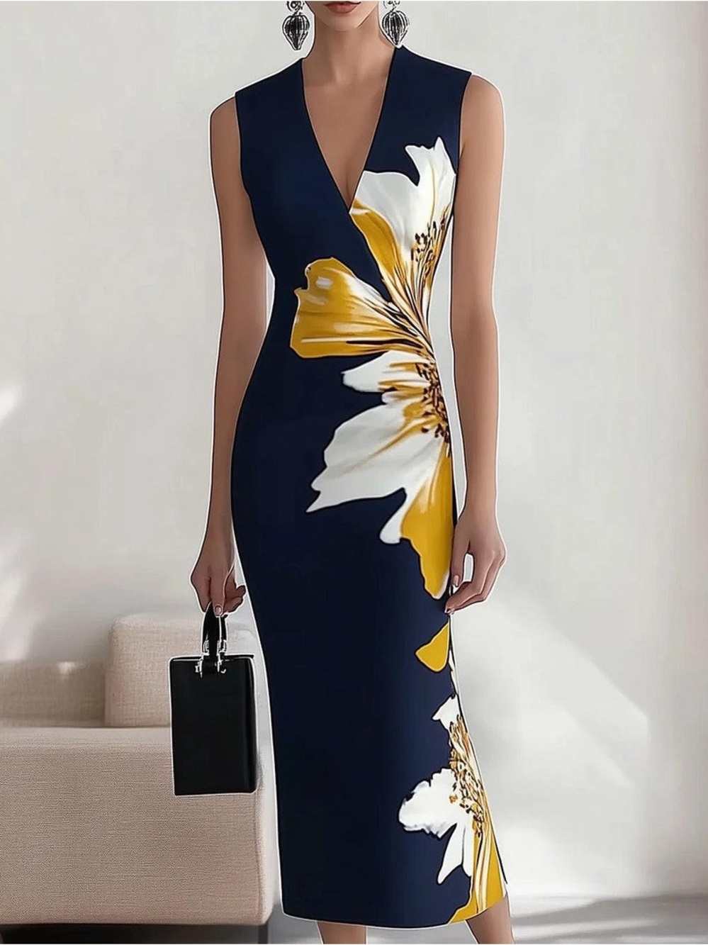 Elegant Floral V-neck Sleeveless Maxi Dress | Color: Navy Blue